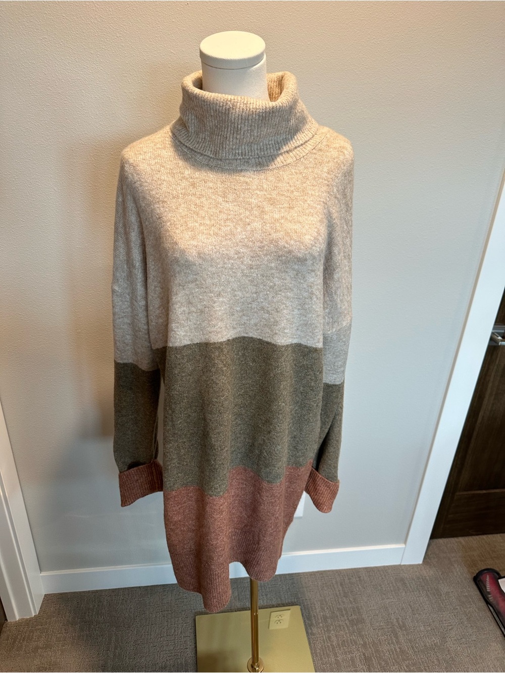 Rachel Zoe Colorblock Turtleneck Sweater Dress in Cream, Olive, Dusty Rose